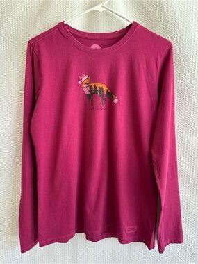 Life Is Good Fox Christmas Graphic Long Sleeve Tee Pink Crusher Shirt Medium